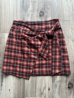 Wilfred Red and Gray Plaid Tie-Waist Mini Skirt